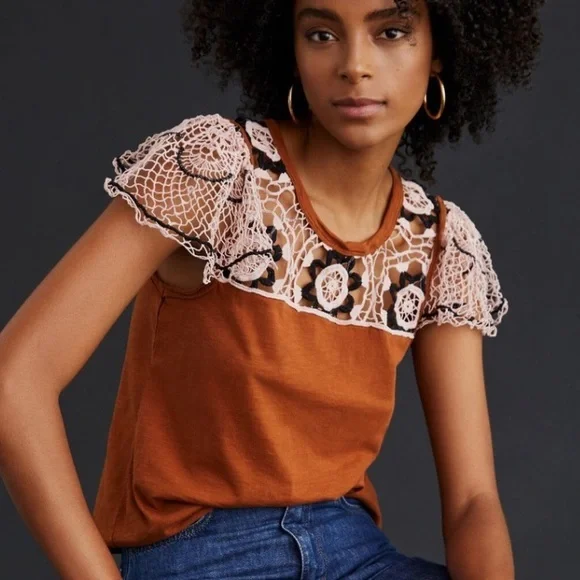 Anthropologie Rust Brown Crochet Embroidered Blouse - Picture 1 of 8